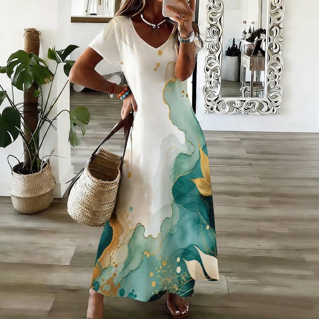 Women Plus Size V Neck Short Sleeve Abstract Printed Straight Maxi Dress