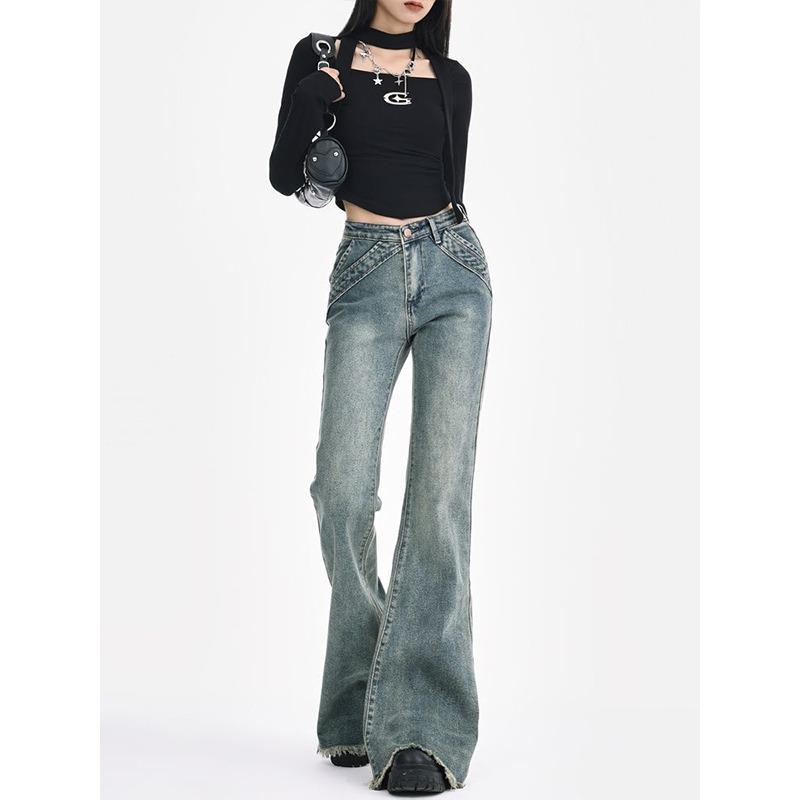 Jeans a zampa da donna a vita alta Y2k vestiti pantaloni in denim vintage lavato retro straccio stile coreano streetwear