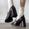 Soft Leather British Style Women's Summer Brown French Heel Loafers High Heel Single Shoes Comfortable Casual Square Toe
