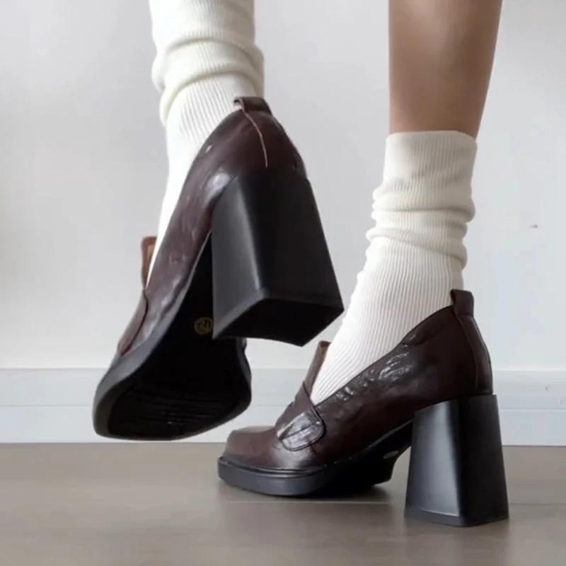 Soft Leather British Style Women's Summer Brown French Heel Loafers High Heel Single Shoes Comfortable Casual Square Toe