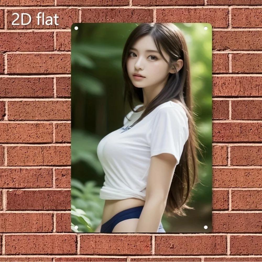 Modern Korean Girl Metal Tin Sign - White Tee Portrait Wall Art for Home, Cafe & Bar