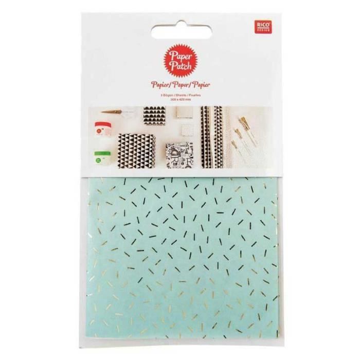 Papier décoratif - RICO DESIGN - Menthe vermicelles dorés - 30 x 42 cm - Bleu