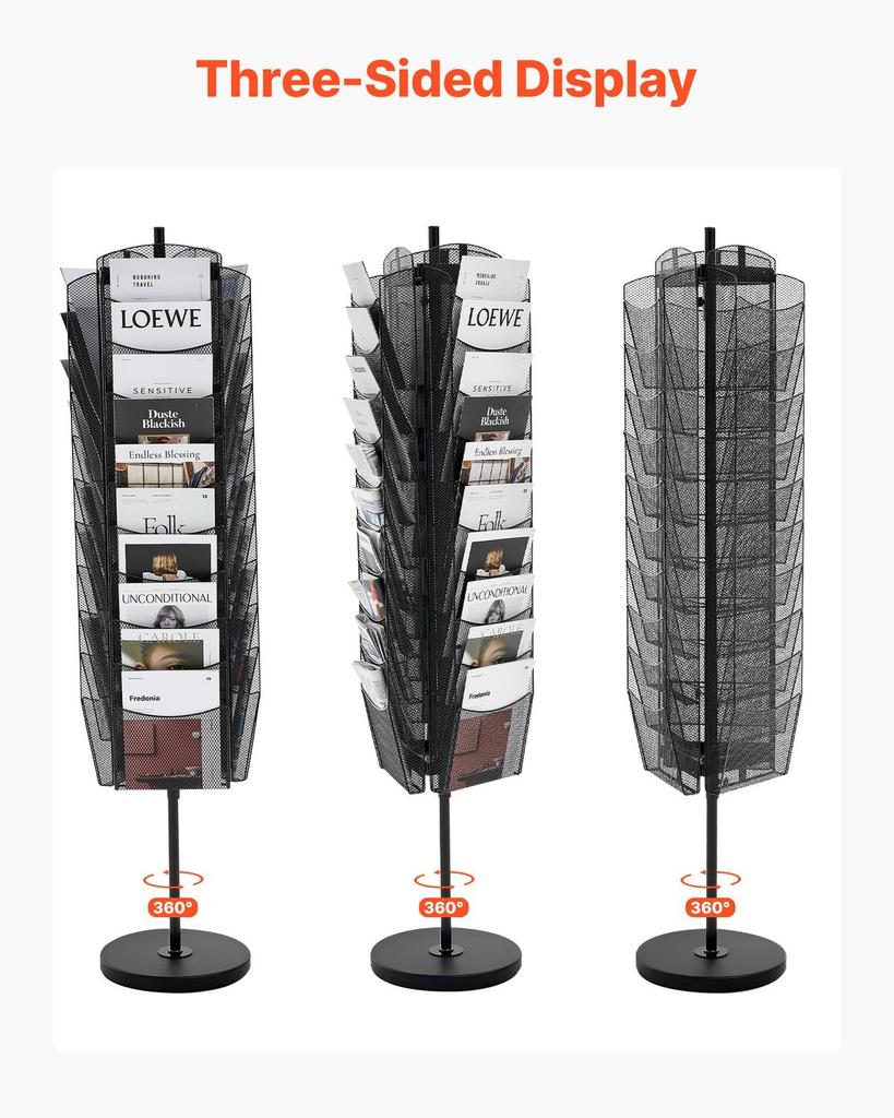 Rotating Brochure Display Rack, 30 Pockets Mesh Magazine Literature Display Stand, Portable Floor Standing Magazine Rack, Metal Newspaper Catalog
