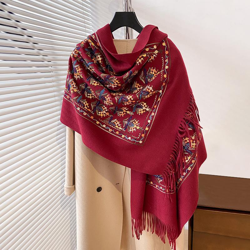 Winter Warm Cashmere Scarf for Women Floral Embroidery Pashmina Blanket Thick Shawl Wrap Neckerchief Elegant Poncho Bufanda