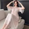 Linglei Summer Solid Color Lace Bow Mesh Court Princess Style Long Nightdress Pajamas Loungewear Women