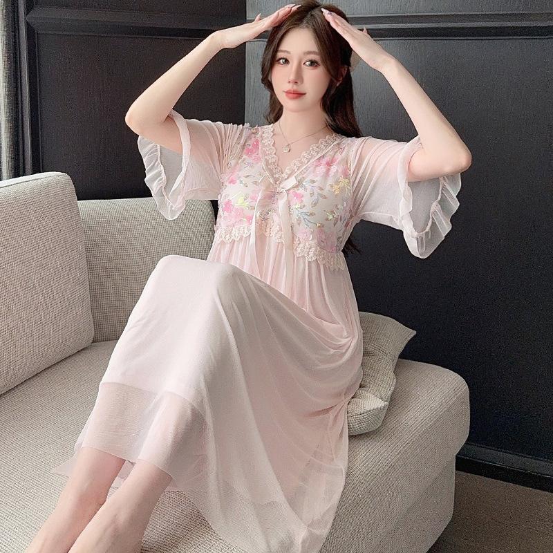Linglei Summer Solid Color Lace Bow Mesh Court Princess Style Long Nightdress Pajamas Loungewear Women