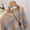 Beauty Melts~ Pink and Blue Contrast Color Loose Crew Neck Pullover Striped Knitted Sweater Women's Autumn and Winter