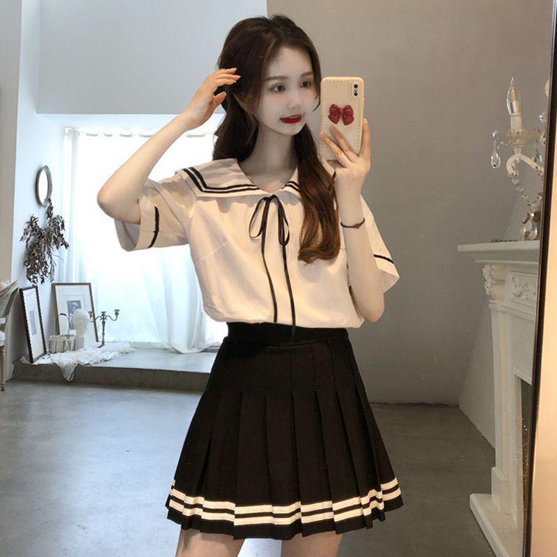 Women's French Navy Collar Shirt & Pleated Skirt Set - Fresh JK Campus Style