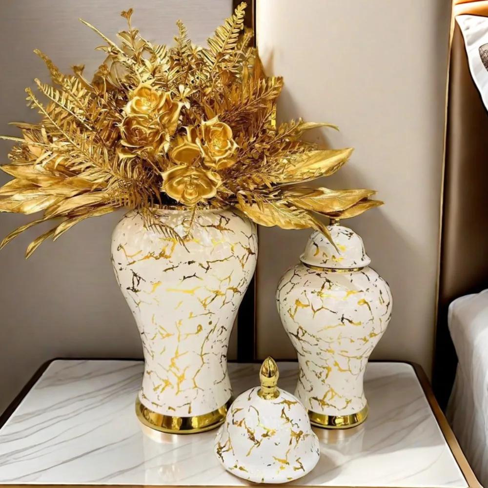 Gold Marble General Jar Porcelain Bottle Ginger Jar Ceramic Storage Tank White Gold Vase Flower Vase Home Decoration Accessories