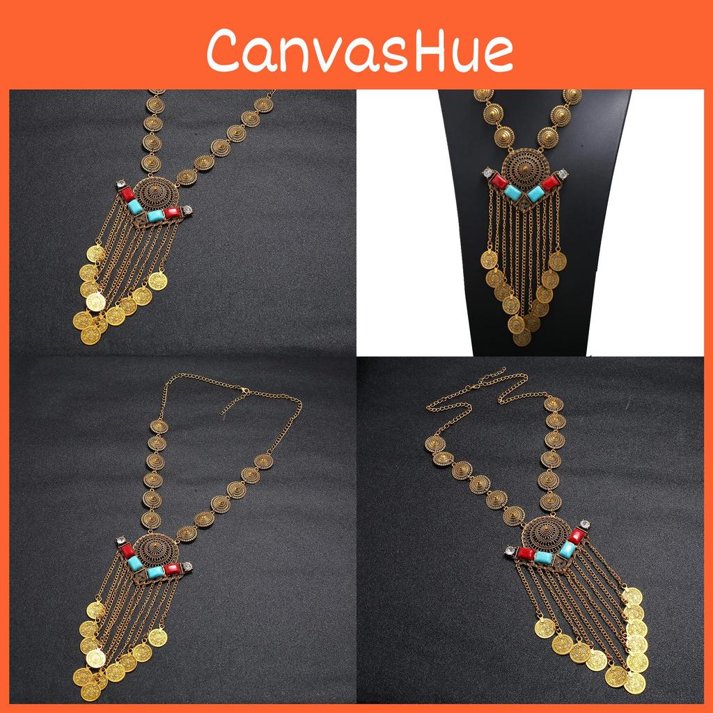 Multilayer Women Retro Coin Long Pendant Necklace With Alloy Chain Waterfall
