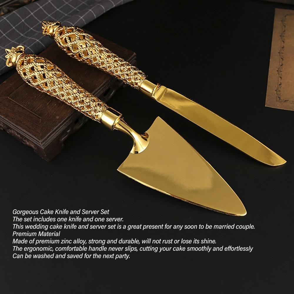 Non Slip Handle Cake Knife and Server Set Gold Engraved Cake Cutter Set  For Wedding