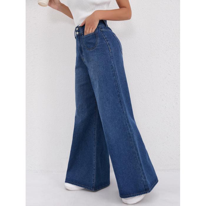 European & American Trendy High-Waisted Double-Button Solid Color Loose Wide-Leg Women s Jeans S