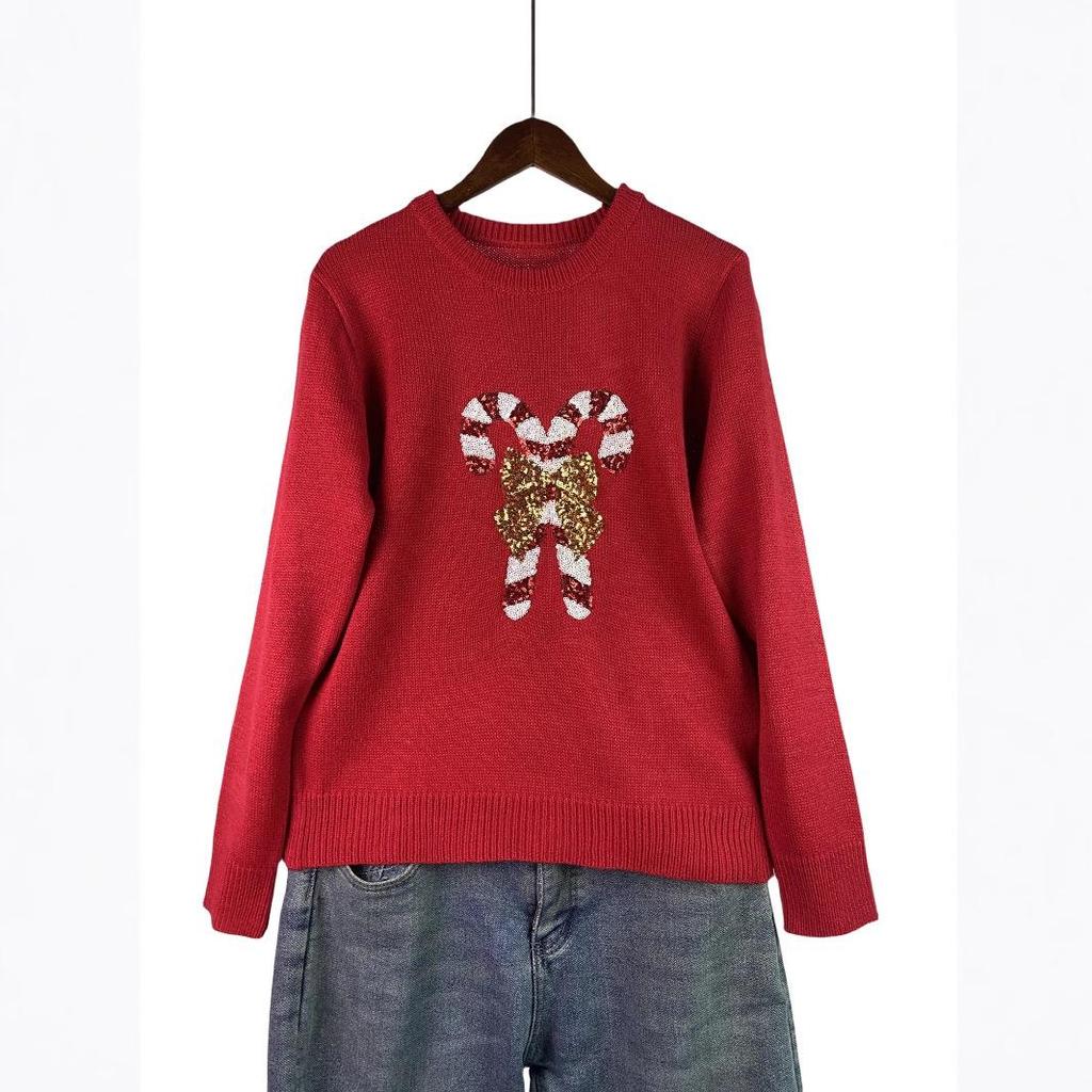 Women's Christmas Bow Sequin Sweater - Autumn/Winter, Long Sleeve, Round Neck