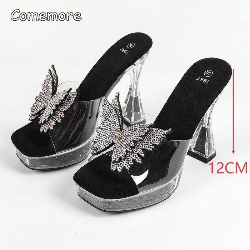 Strass-Schmetterling Plateau-Absatz Mules Klare PVC Stiletto High Heel Sandalen Offene Zehenpartie Slip-On Partyschuhe Sandalias De Mujer