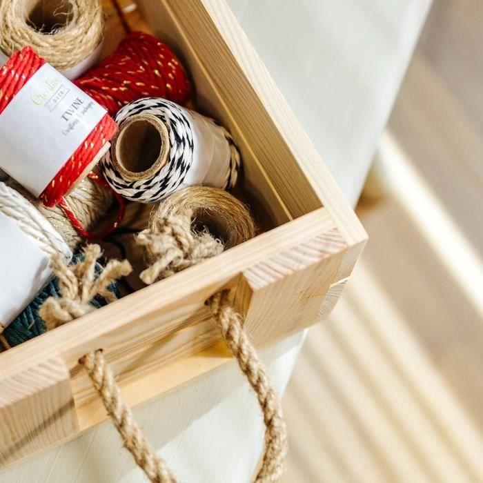 Boîte de rangement - CREATIVE DECO - Caisse en Bois Noël Naturel - 42 x 29 x 16 cm - Poignées en Corde de Jute