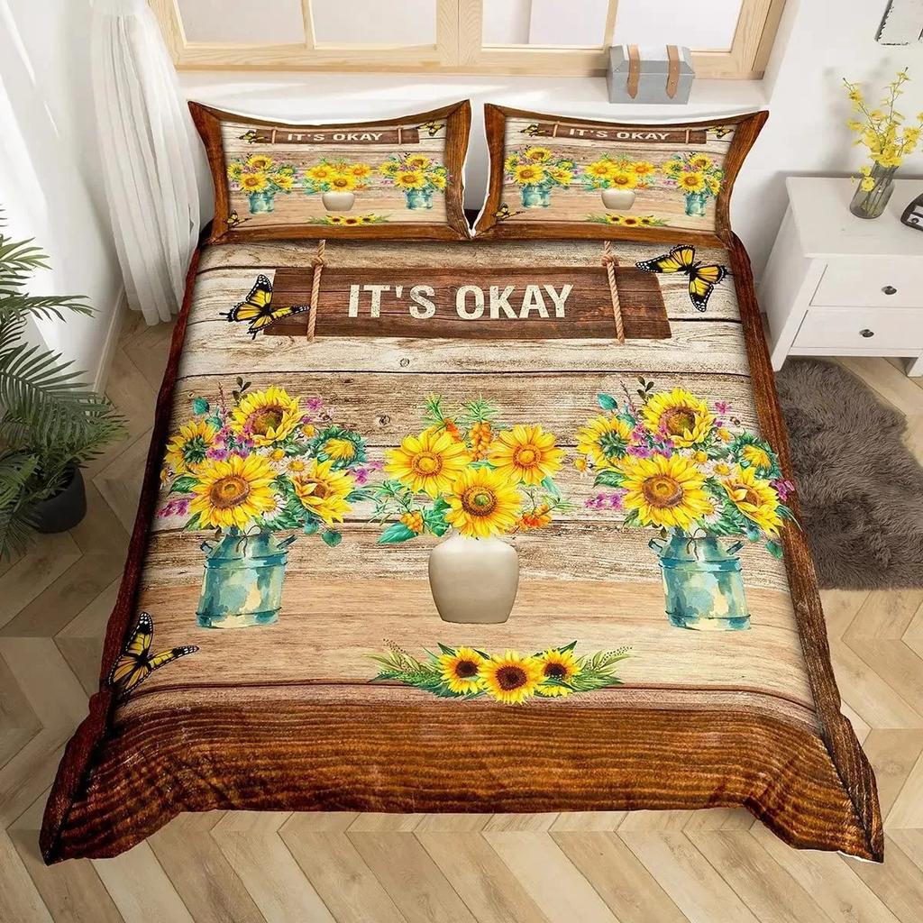 Sunflower Duvet Cover Set Full Size for Girl Yellow Flower Bedding Set Botanical Floral Comforter Cover on Teal Wood Quilt Cover