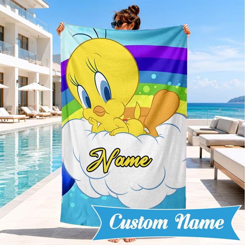 Custom Name Cute Tweety-Bird Artwork Heart In Space Adventure Microfiber Beach Towel, Lightweight for Summer Travel, Swimming Pool Fan Gift