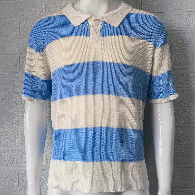 

Men s Brown White Striped Polo Collar Ribbed Knit Short Sleeve Casual Top XXXL синій