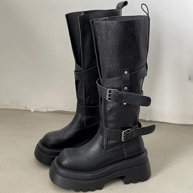 Vintage Thick Bottom Woman Knee High Boots Fashion Belt Buckle Zippers Shoes Female Knight Long Booties Shoes