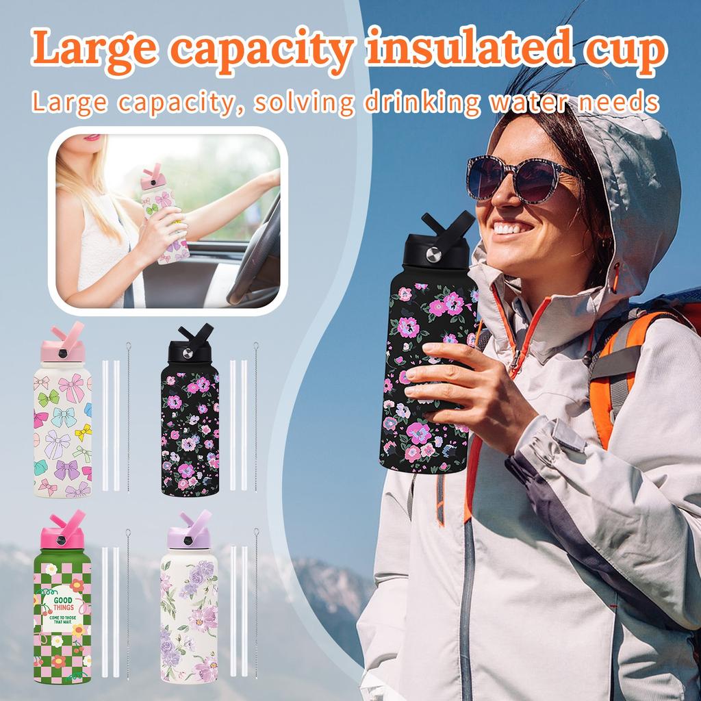 Sports Kettle Stainless Steel 1L Large Capacity Printed Large Mouth Insulated Cup Portable Handle Straw Water Cup