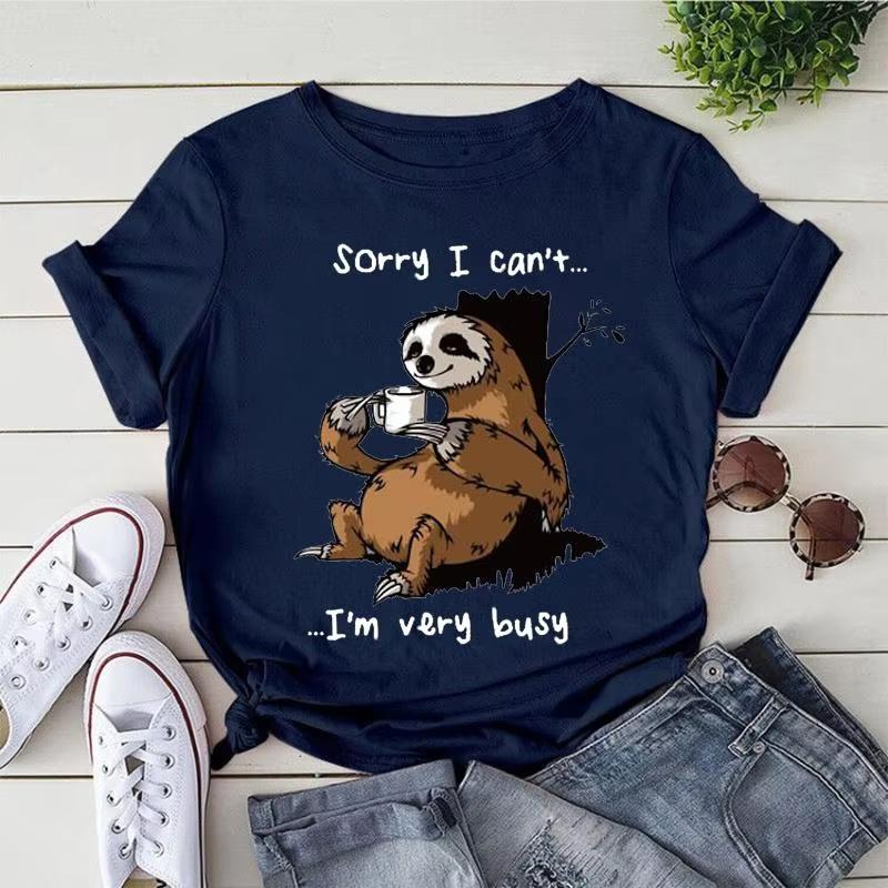 

Sloth Sorry I Cant Im Very Busy Print Tshrits For Women Summer Short Sleeve Round Neck Cute Loose Tshirt 4XL