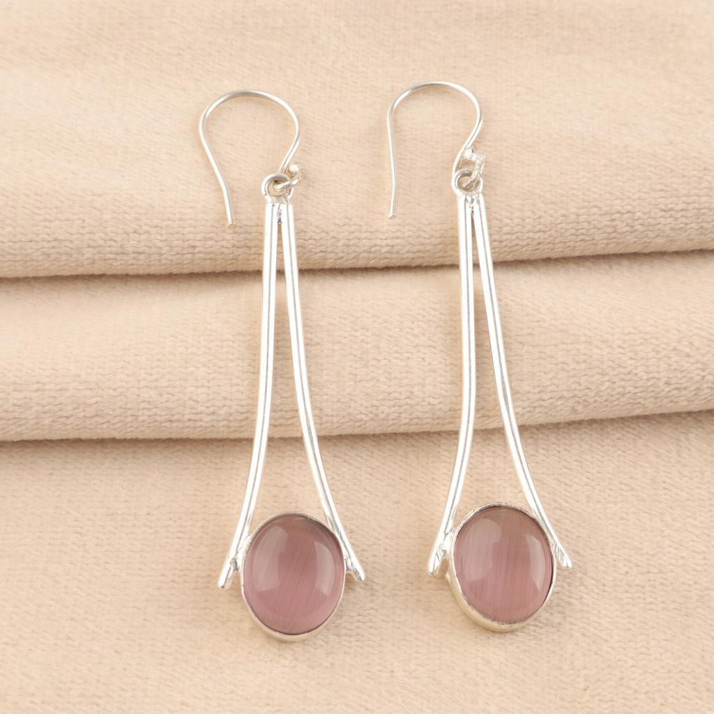 Natural Purple Cat's Eye Gemstone 925 Sterling Silver Handcrafted Earrings2.63" EE-136-36