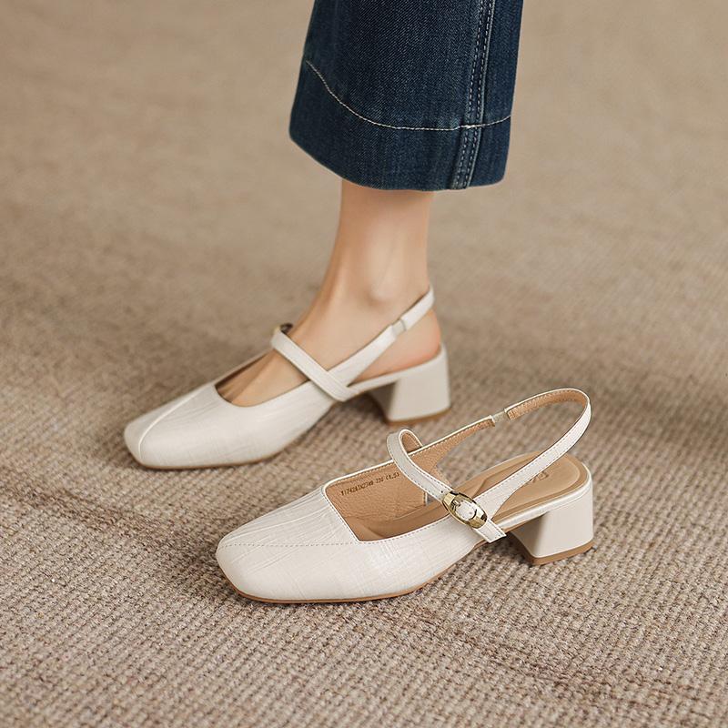 Sheepskin Square Toe Empty Mary Jane Shoes with Metal Buckle, Straight Strap, Thick Heel, Middle Heel, Commuting Women's Shoes
