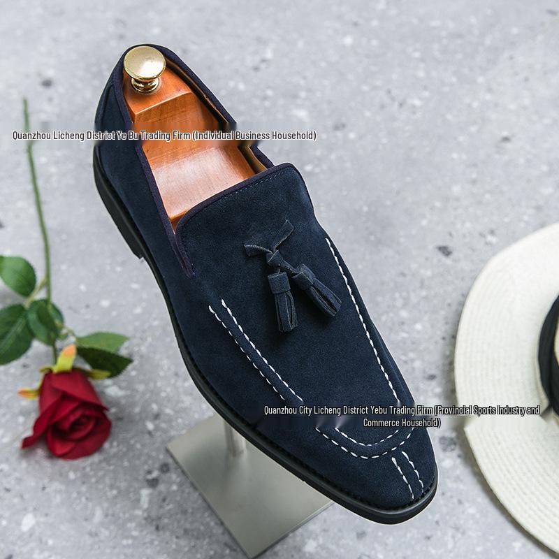British Suede Tassel Slip-On Formal Casual Leather Shoes - Men s Pointed Toe, Large Size Office Shoes 38 синий
