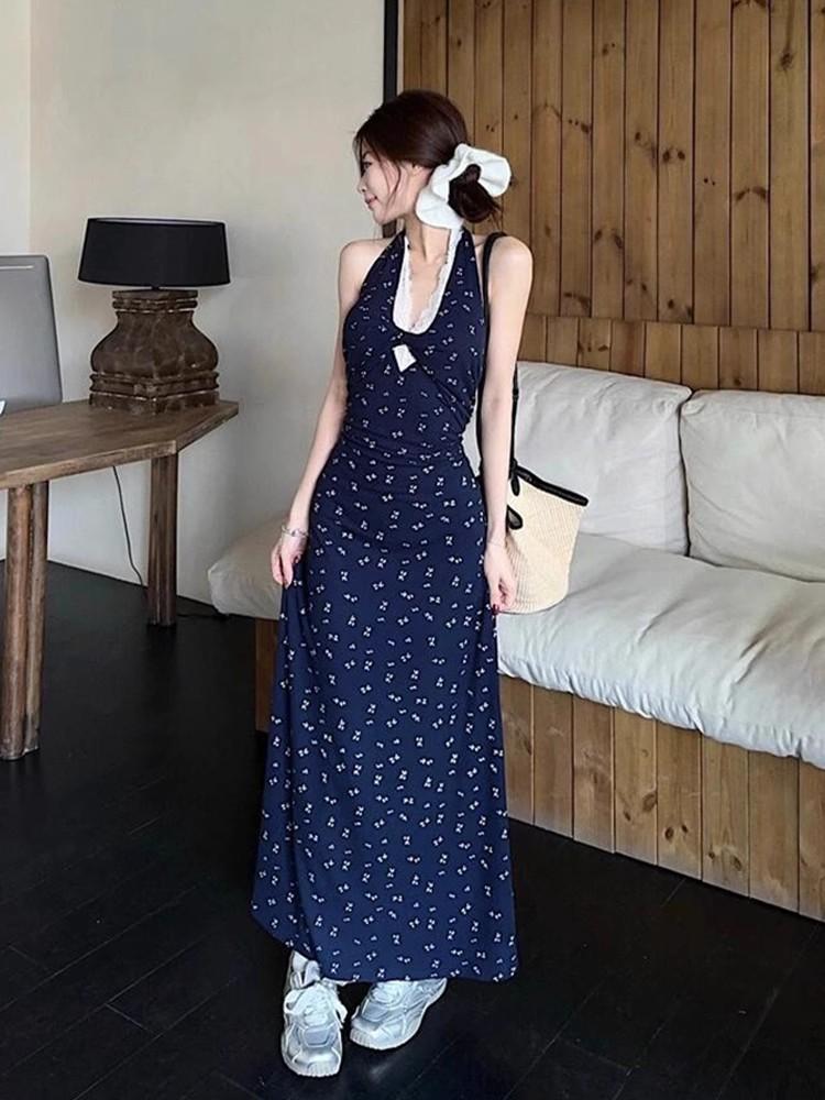 French blue floral neck sling dress, children s summer new thin temperament hip-wrapped dress S