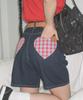 RONRON Check Heart Pocket Denim Shorts Pants Indigo Blue