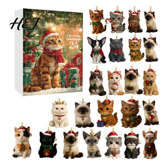 Holiday Countdown Gift Box 24 Day Cat Advent Calendar with Acrylic Christmas Ornaments, 2D Flat Animal Themed Ornaments Hanging Decorations, Xmas Tree