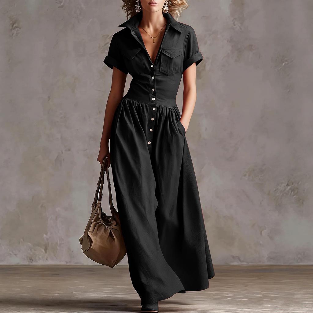 Vestido Largo Estilo Vintage para Mujer con Botones Delanteros, Manga Corta, Cuello, Casual, Maxi Vestido con Diseño Occidental y Detalle de Bolsillo