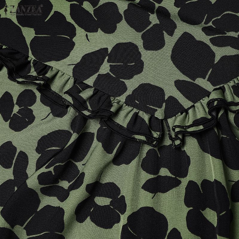 ZANZEA Damen Lässig Rundhals Locker Langarm Print Langes Kleid