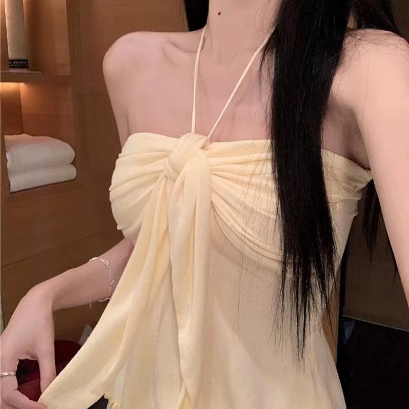 Spice Girls Summer Slim Fit and Thin Beautiful Back Straps Neck Small Vest Sexy Tube Top Pure Desire Wind Halter Top Ins