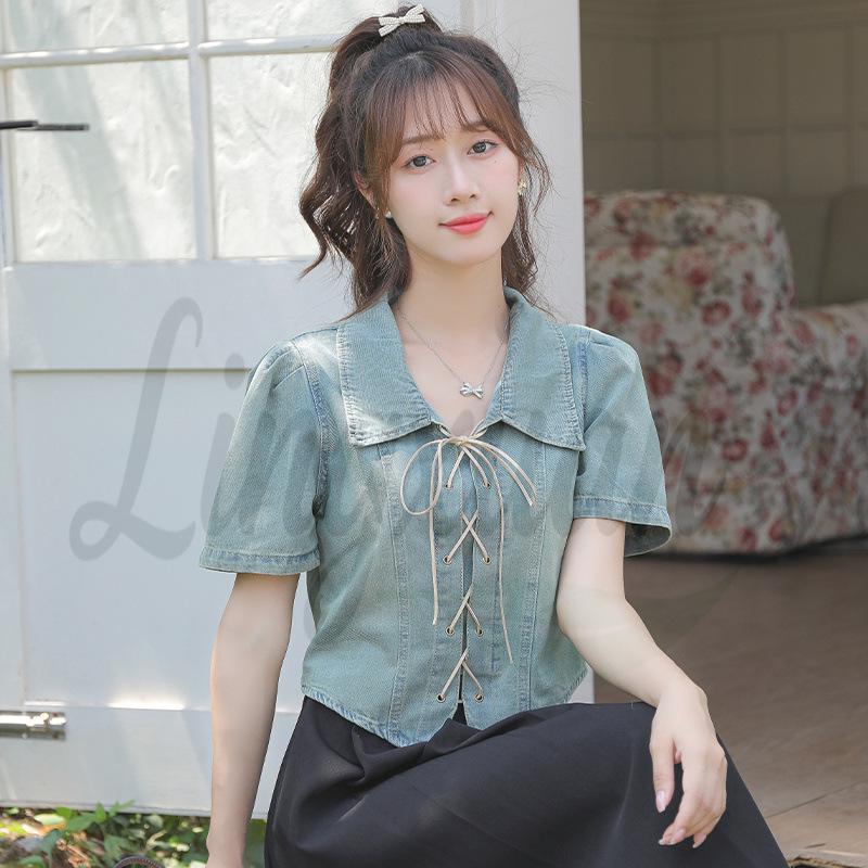 

Niche Retro Slim-Fit Lace-Up Denim Shirt with High-End Design Extra Large синій