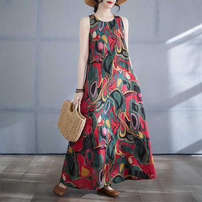 Vestido Largo de Verano Nuevo sin Mangas Cuello Redondo Estampado