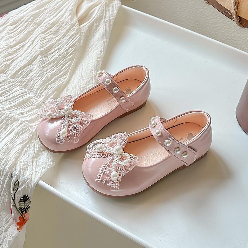 Girls Leather Shoes Mesh Lace Bows Kids Princess Shoes Round Toes Non-slip 2025 New Girls Flat Shoes Sweet Ins Trendy Soft Sole