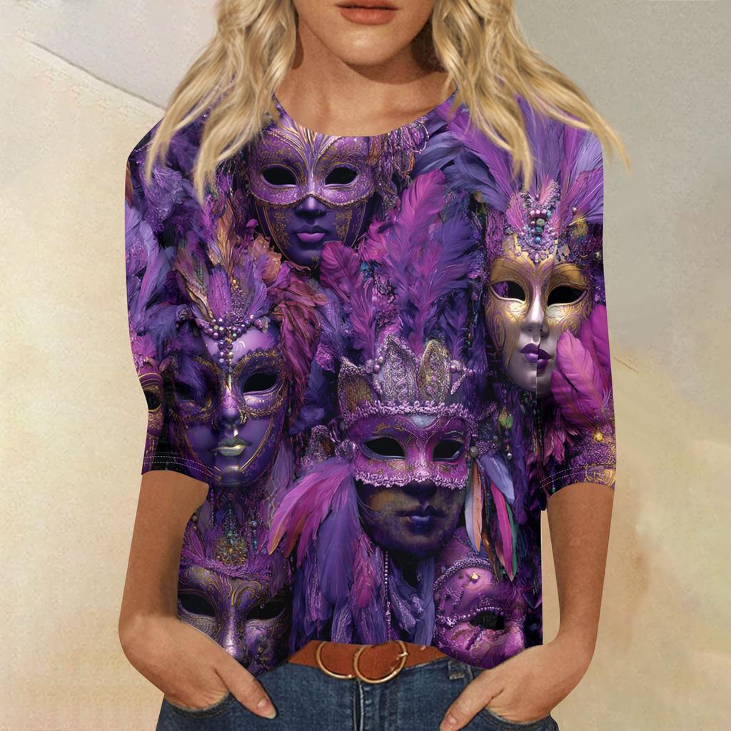 Women's Fashion Casual Round Neck Three-quarter Sleeve Carnival Print T-shirt Top