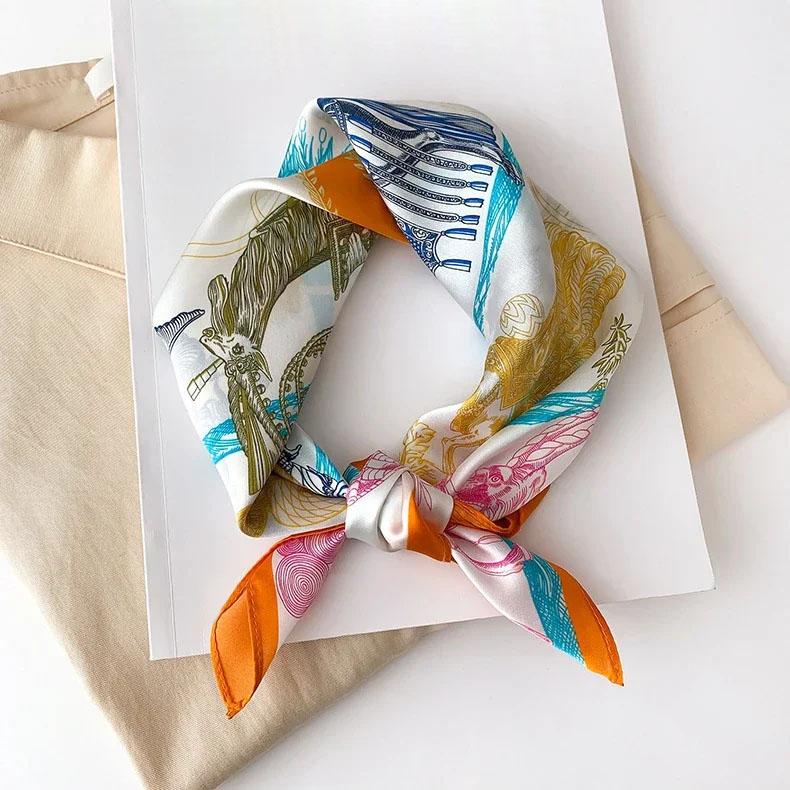 Natural Real Silk Scarf Women New Print Neck Hairband Square Shawl Neckerchief Female Hijab Poncho Bandana Headband