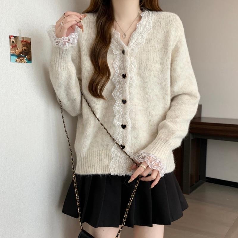 Women's Soft & Fluffy French Lace V-neck Knit Cardigan - Autumn/Winter 2026