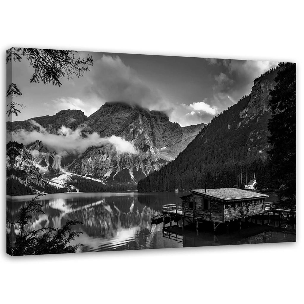 Canvas print Hut at a mountain lake Alps