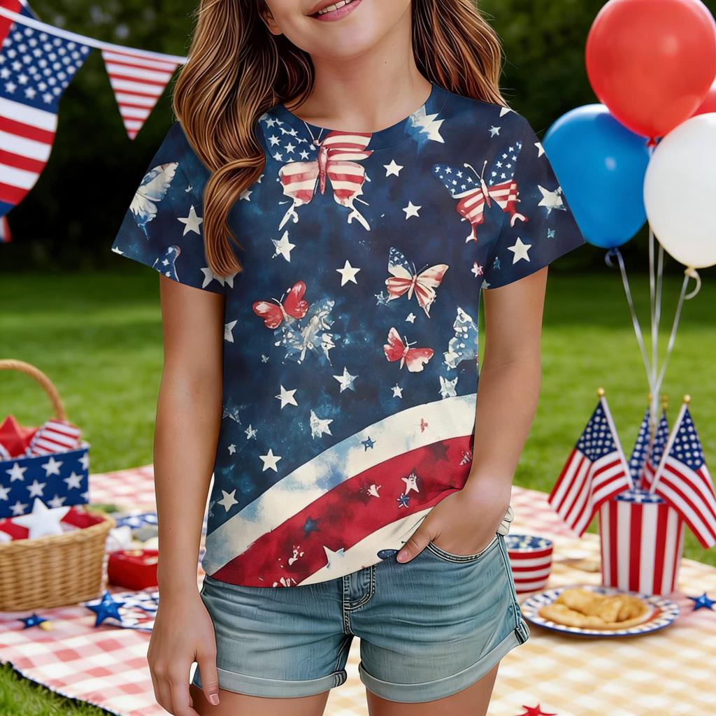 Kids Independence Day Print Round Neck Short Sleeve Casual T-shirt
