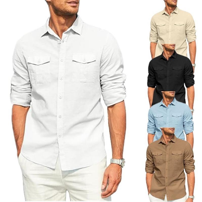 Camisa de Hombre Bolsillo Doble Mezclas de Algodón Camisa de Manga Larga Camisas Casuales para Vacaciones