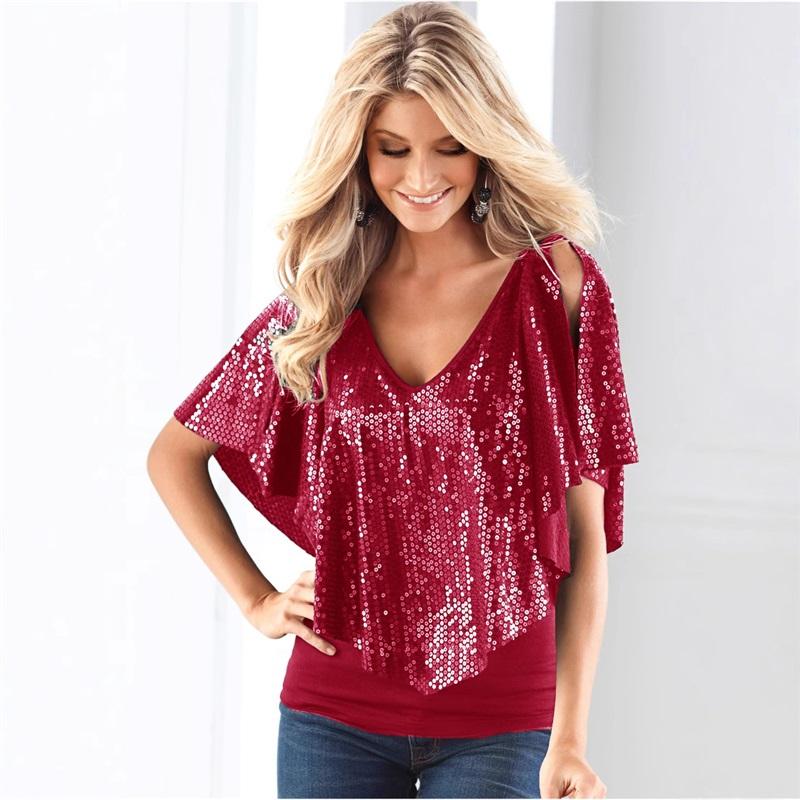 European And American Style Sequin V Neck Spliced Cotton Sexy V Neck Shawl Sleeve T-shirt Versatile Top Fashionable Women's T-shirt