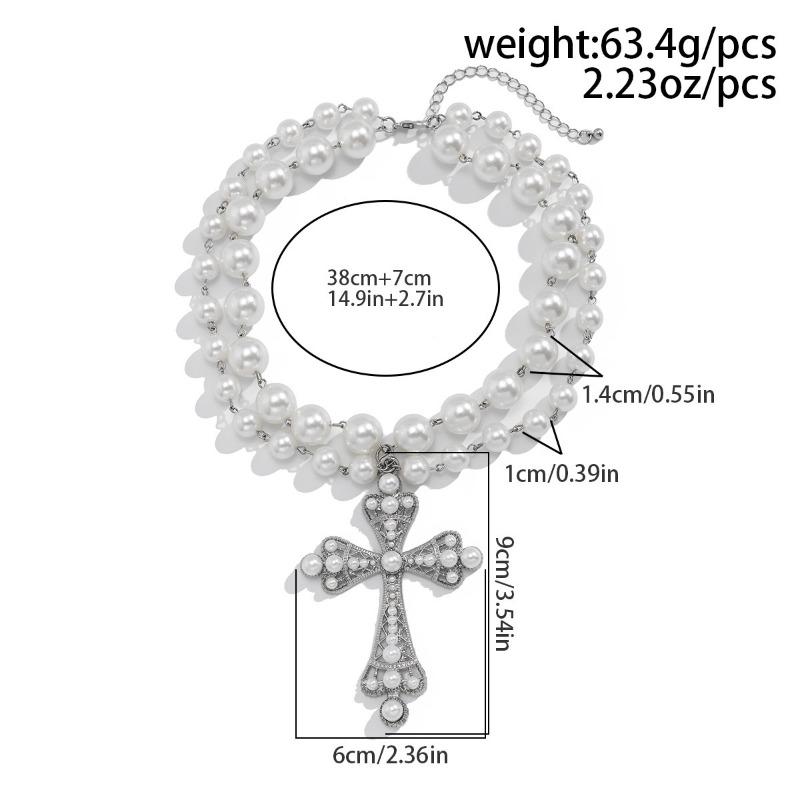 Meier Punk Style Cross Necklace - Dark, Statement-making, Micro-paved Faux Pearl Layered Necklace
