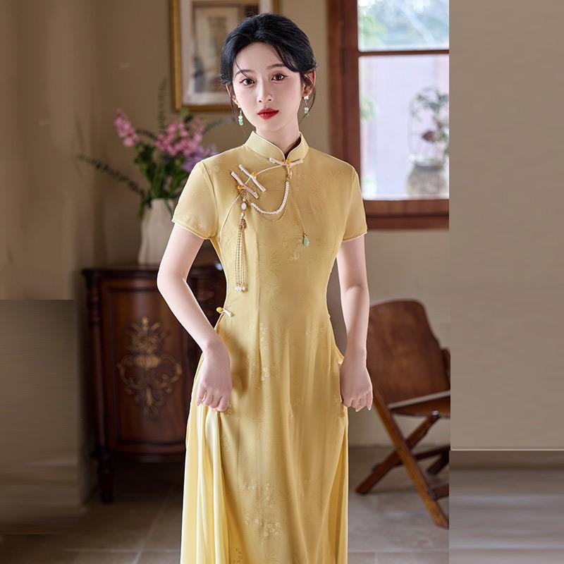 Slim Fit Yellow Chinese-Inspired Modern Qipao Dress Women Short Sleeve Stand Collar 2025 Retro Style Small