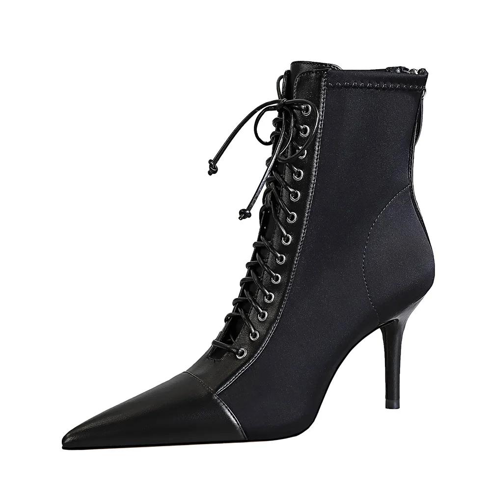 Fashionable Sexy Thin Women's Boots Thin Heel High Heel Shallow Mouth Pointed Head Lace-up Cross Strap Short Boots DS-1838-1