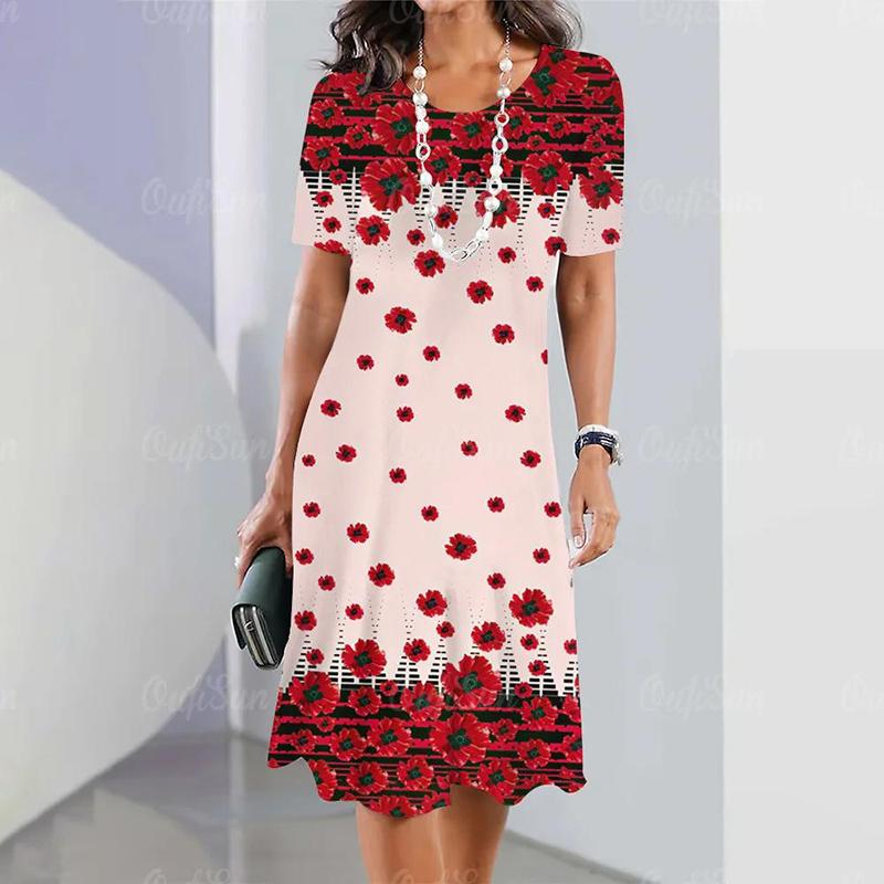 Mode für Damen, lockerer Rendering-Druck, O-Ausschnitt, kurze Ärmel, Blätter-Print, lockere Streetwear, A-Linien-Kleid