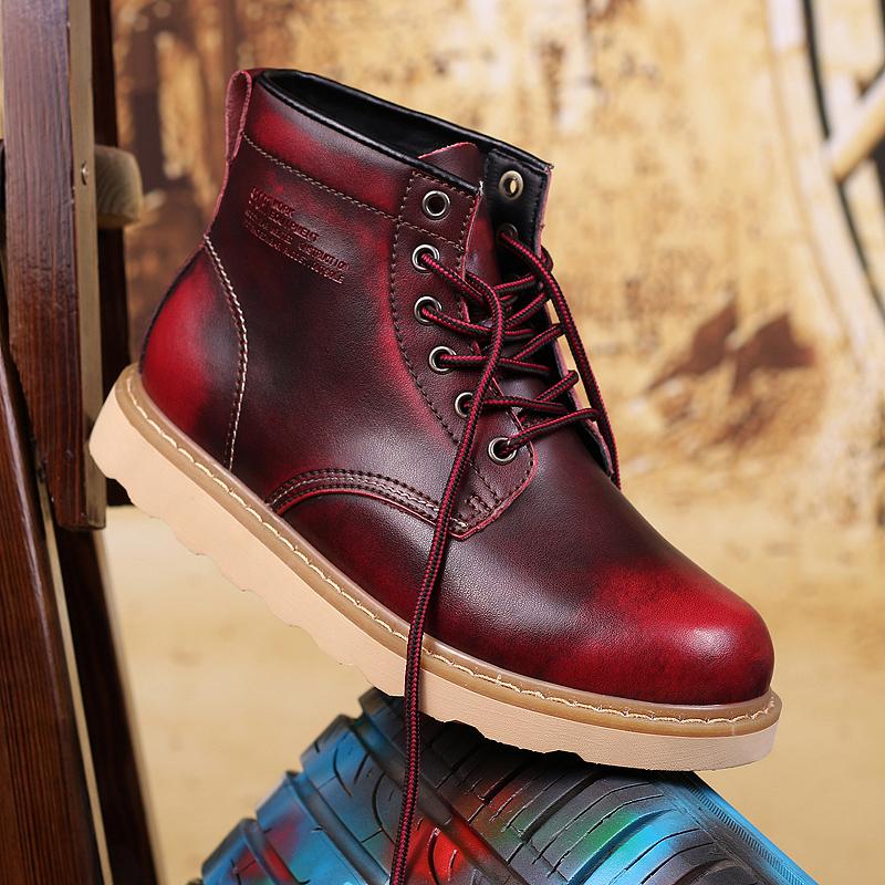 Men Tooling Fashion Casual Leather Shoes High Top Winter Warm Snow Boots Lace-Up Outdoor Motorcycle Ankle Boots Military Style