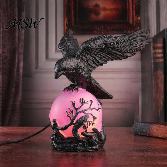 Gothic Halloween Crow Light Lamp, with Purple Ball, Resin Night Light, Realistic Sculpture USB Powered Dark Style Statue for Bedroom Living